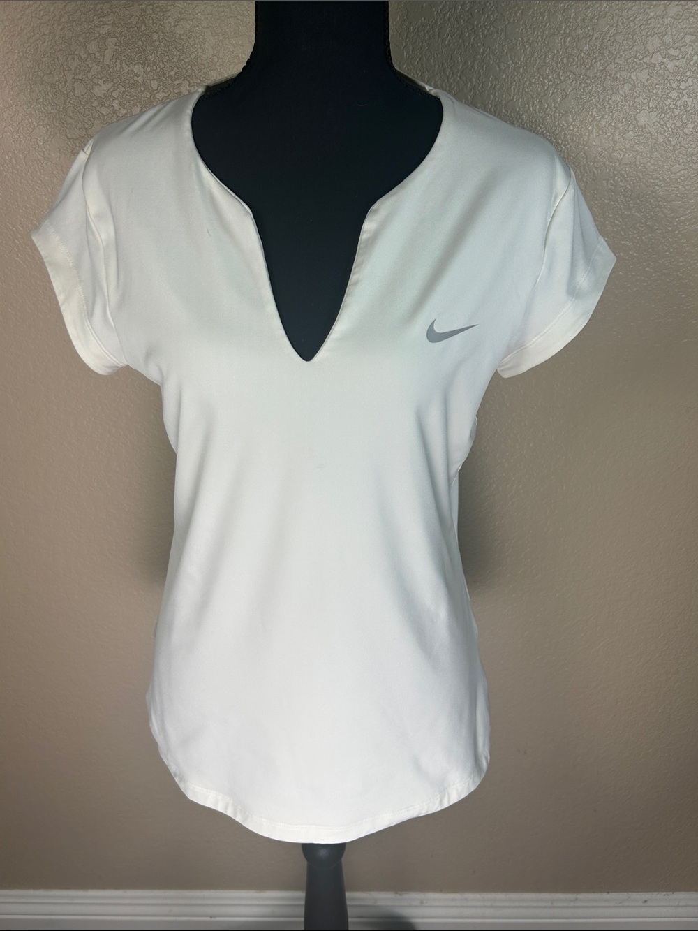 Nike White Short-Sleeve V-Notch Athletic Tee with Gray Swoosh